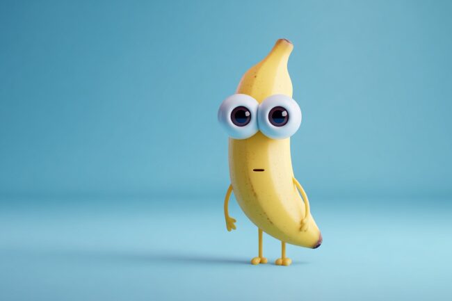 Nano Banana Pro: KI-generierte Banane mit Augen von Google Gemini für präzise Bildbearbeitung im Marketing.