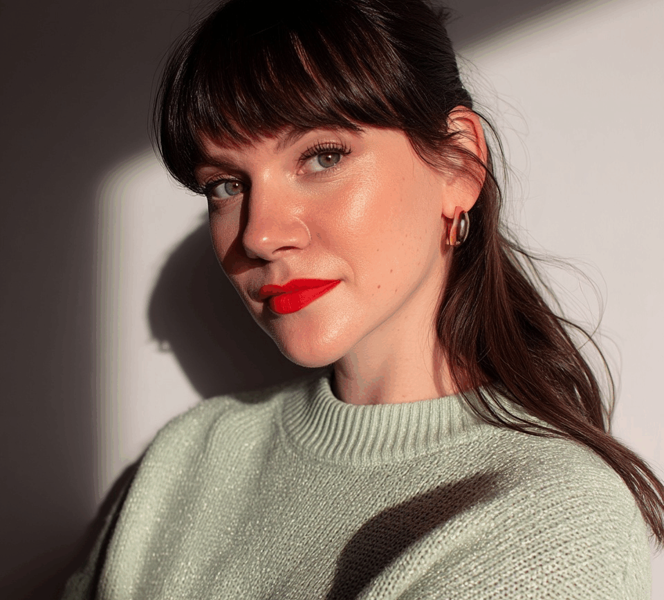 Portrait einer Frau in blassgrünem Pullover und langen braunen Haaren