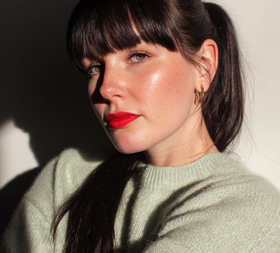 Portrait einer schönen Frau in hell salbeifarbenem Pullover und langen braunen Haaren und Fransen