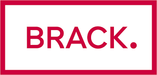 Brack.Alltron Logo in Weiss mit roter Schrift.