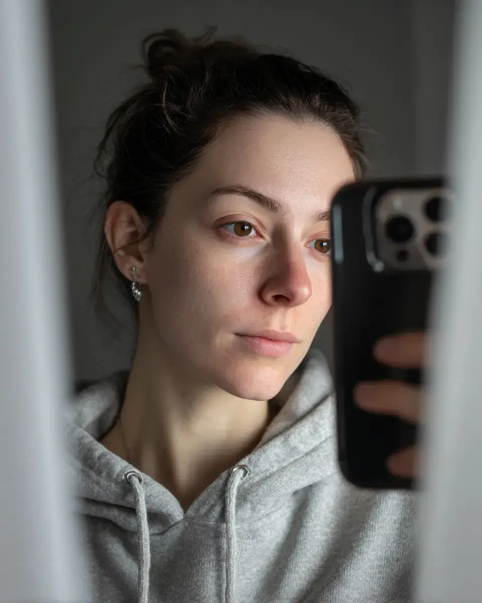 KI-generiertes Bild: Nahaufnahme einer jungen Frau mit dunkelbraunem, locker hochgestecktem Haar und braunen Augen, die ein Spiegel-Selfie mit einem schwarzen Smartphone macht. Das Gerät verdeckt einen Teil ihres Gesichts. Sie trägt einen grauen Hoodie und einen kleinen silbernen Ohrstecker. Der Ausdruck ist ruhig und unaufgeregt. Das Bild ist durch den Spiegelrahmen gerahmt, der links und rechts leicht unscharf in den Vordergrund ragt. Die Lichtstimmung ist natürlich und weich.