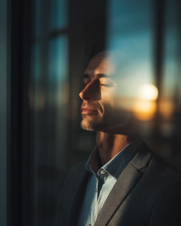 Mann im Buero mit geschlossenen Augen