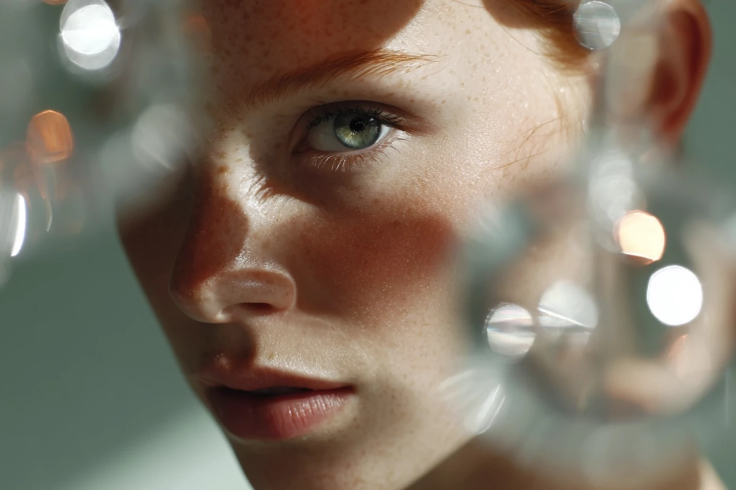 Dramatisches Close-up-Porträt einer jungen Frau mit leuchtend blauen Augen, goldenem Teint, warmer Beleuchtung und unscharfem Lichteffekt im Hintergrund.
