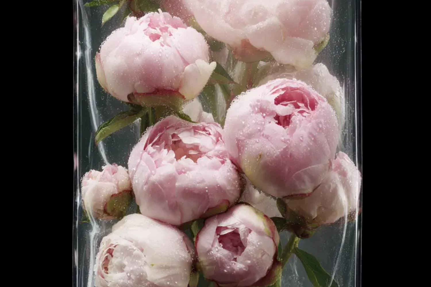 KI-generiertes Bild von Pfingstrosen-Rosé-Bouquet in durchsichtiger Folie, duftende rosa Blütenbüschel mit zarten Blütenblättern und grünen Blättern, frisch und üppig arrangiert.