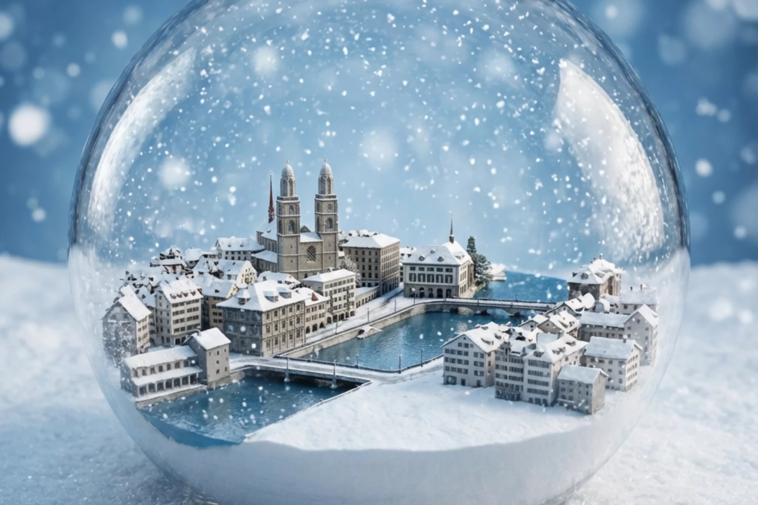 KI-generierte weihnachtliche Glas-Schneekugel mit der verschneiten Grossmünster-Kirche und Zürichs Altstadtlandschaft im Winter, weisser Schnee fällt drumherum.