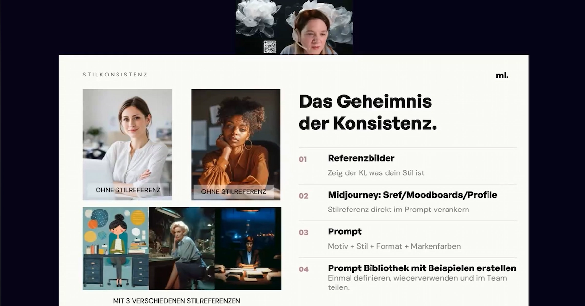 Visualisierte Präsentationsfolie aus „On Brand mit KI“ zum Thema Stilkonsistenz: Referenzbilder und Prompts zeigen, wie KI im Marketing einheitliche Markenbilder erstellt und die Markenstimme unterstützt.