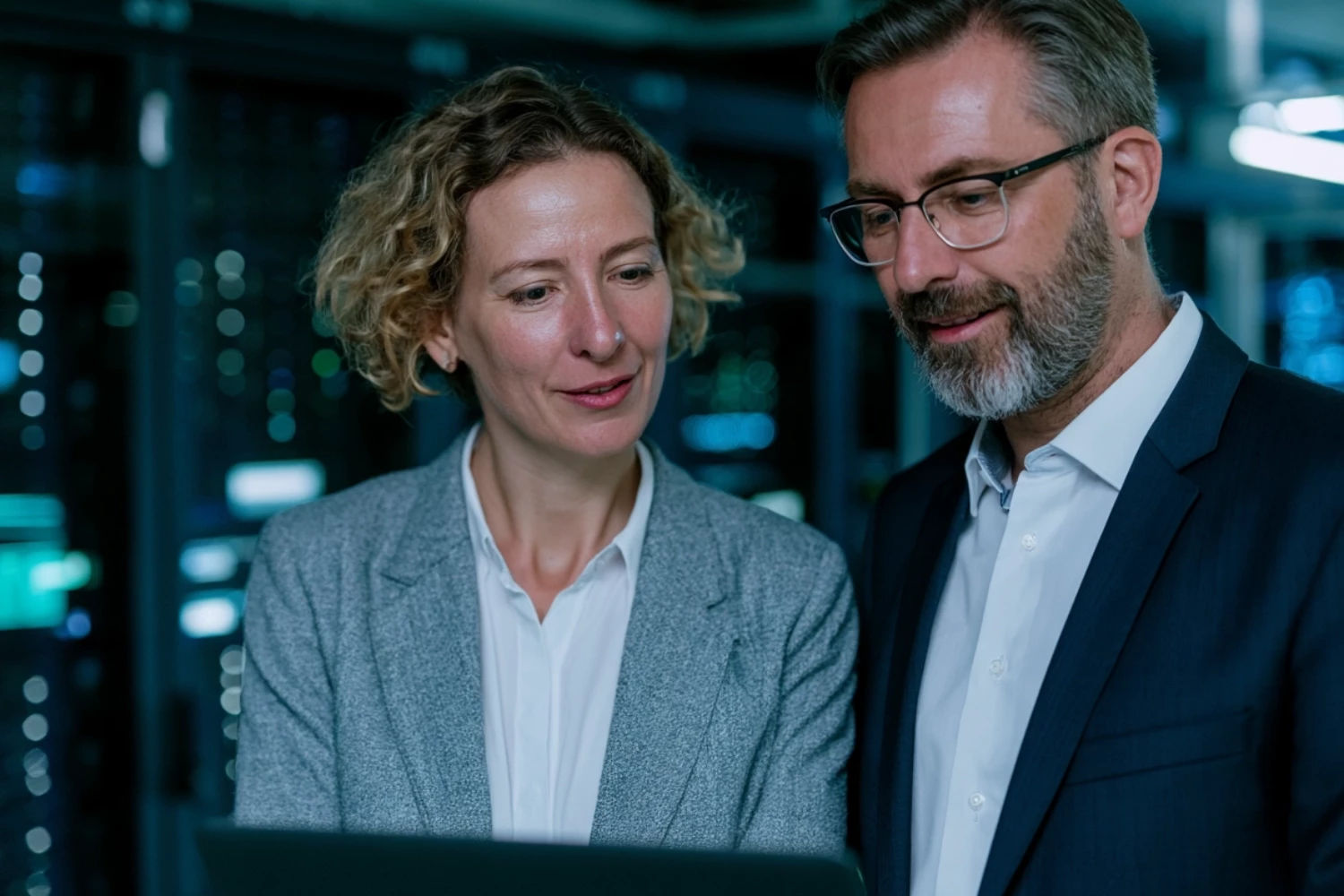 Zwei Fachpersonen in Businesskleidung stehen im Serverraum vor einem Laptop und prüfen gemeinsam KI‑gestützte Marketingdaten.