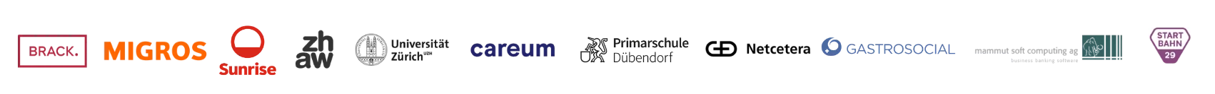 Collage mit den Logos unserer Kunden aus Bildung, Gesundheit, Handel und Wirtschaft. Wie BRACK, MIGROS, Sunrise, zhaw, University Zürich, Primärschule Dübendorf, Gastrosocial, Mammut Soft Computing, Netcetera, careum, Startbahn 29