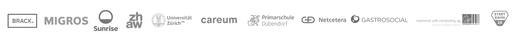Collage mit den Logos unserer Kunden aus Bildung, Gesundheit, Handel und Wirtschaft. Wie BRACK, MIGROS, Sunrise, zhaw, University Zürich, Primärschule Dübendorf, Gastrosocial, Mammut Soft Computing, Netcetera, careum, Startbahn 29