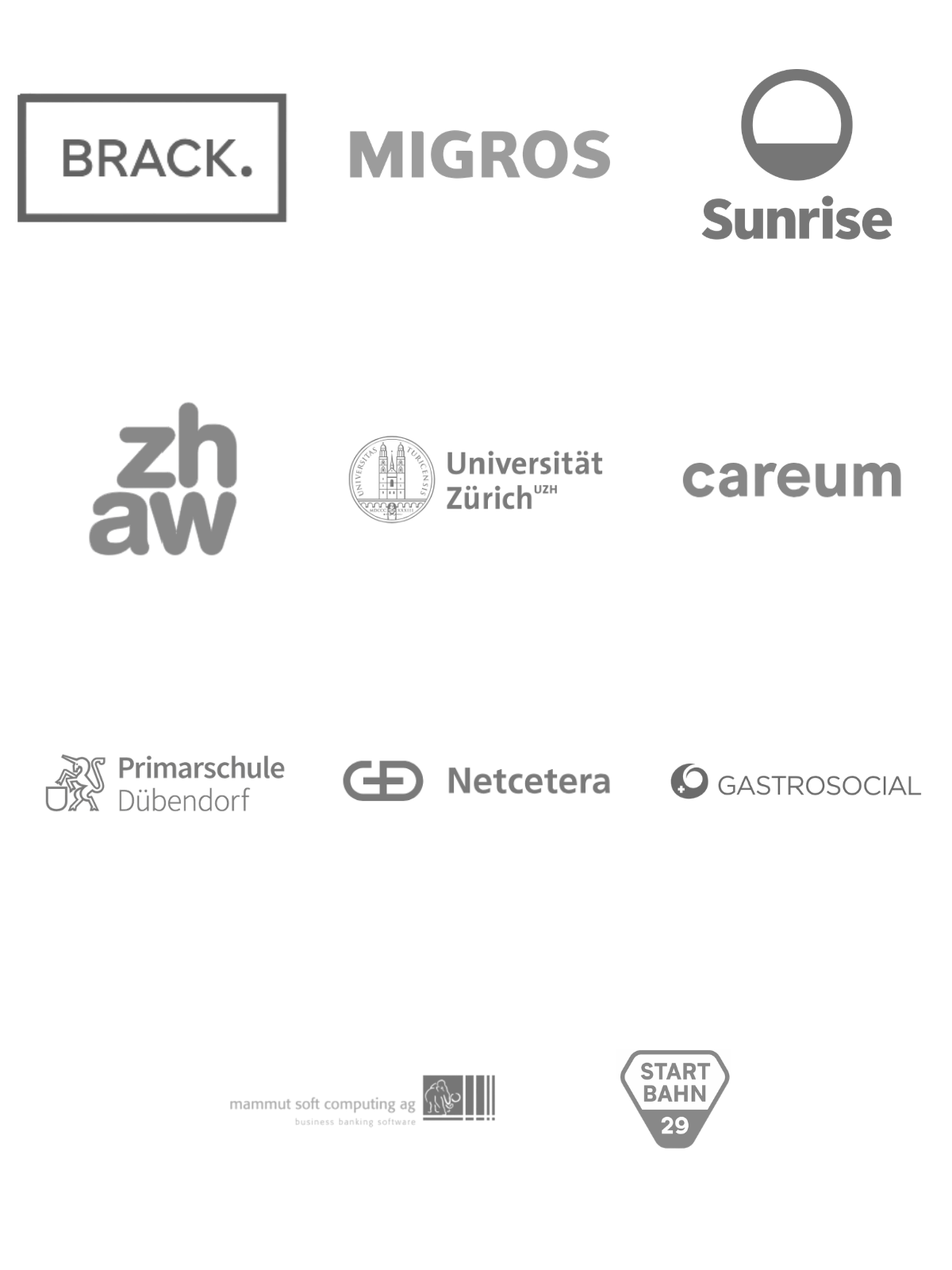 Collage mit den Logos unserer Kunden aus Bildung, Gesundheit, Handel und Wirtschaft. Wie BRACK, MIGROS, Sunrise, zhaw, University Zürich, Primärschule Dübendorf, Gastrosocial, Mammut Soft Computing, Netcetera, careum, Startbahn 29