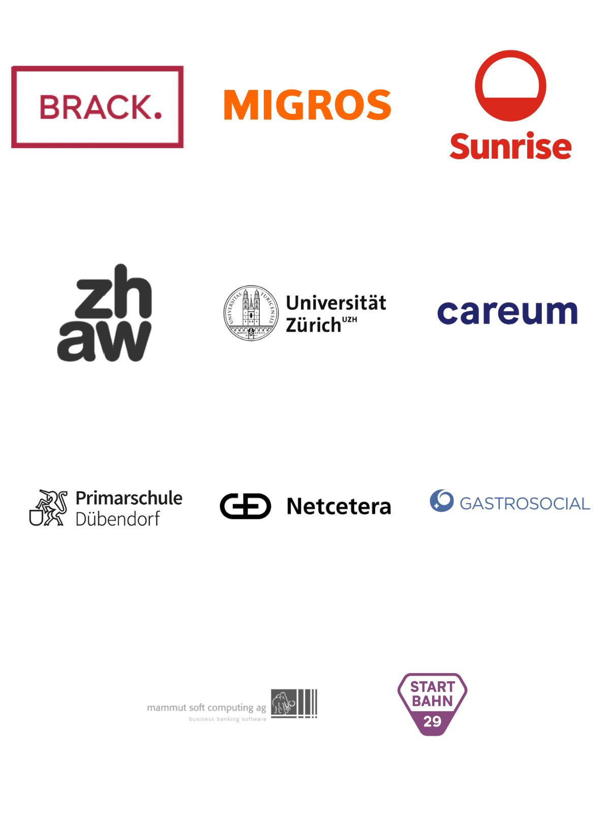 Collage mit den Logos unserer Kunden aus Bildung, Gesundheit, Handel und Wirtschaft. Wie BRACK, MIGROS, Sunrise, zhaw, University Zürich, Primärschule Dübendorf, Gastrosocial, Mammut Soft Computing, Netcetera, careum, Startbahn 29
