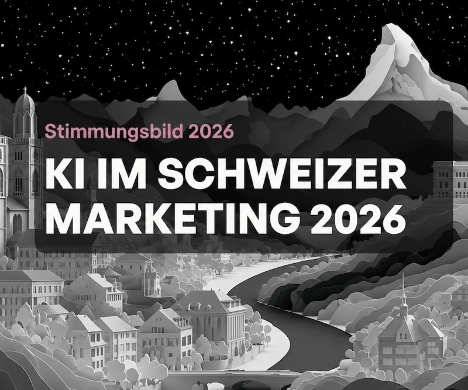 Visual für die Umfrage „KI im Schweizer Marketing 2026“ mit Alpenmotiv.